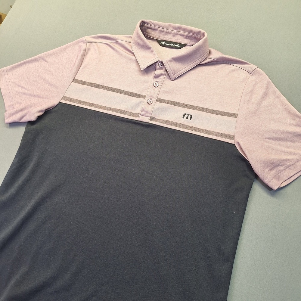 TravisMathew Mens Pima Cotton Blend Color Block Striped Polo Shirt Pink Black M